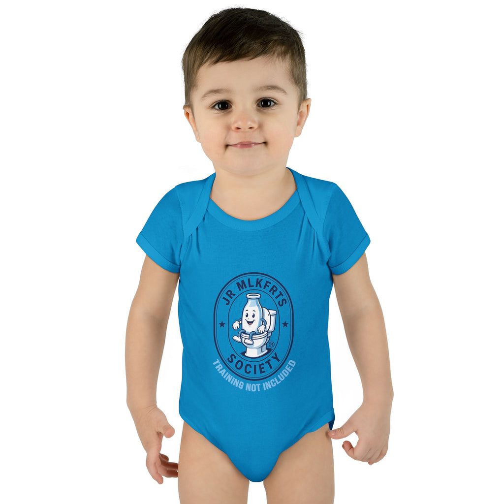 Baby wearing the Turquoise baby bodysuit with a round Jr. MLKFRTS Society badge print with a cartoon milk bottle