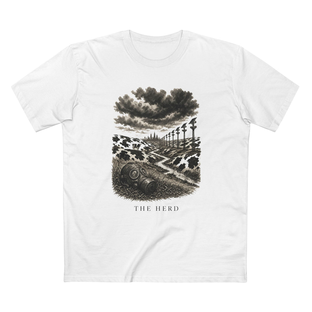 The Hills Have Cams Tee in white, front: etched surveillance poles over Holstein hills with a lone cow and a gas mask in the grass, THE HERD.