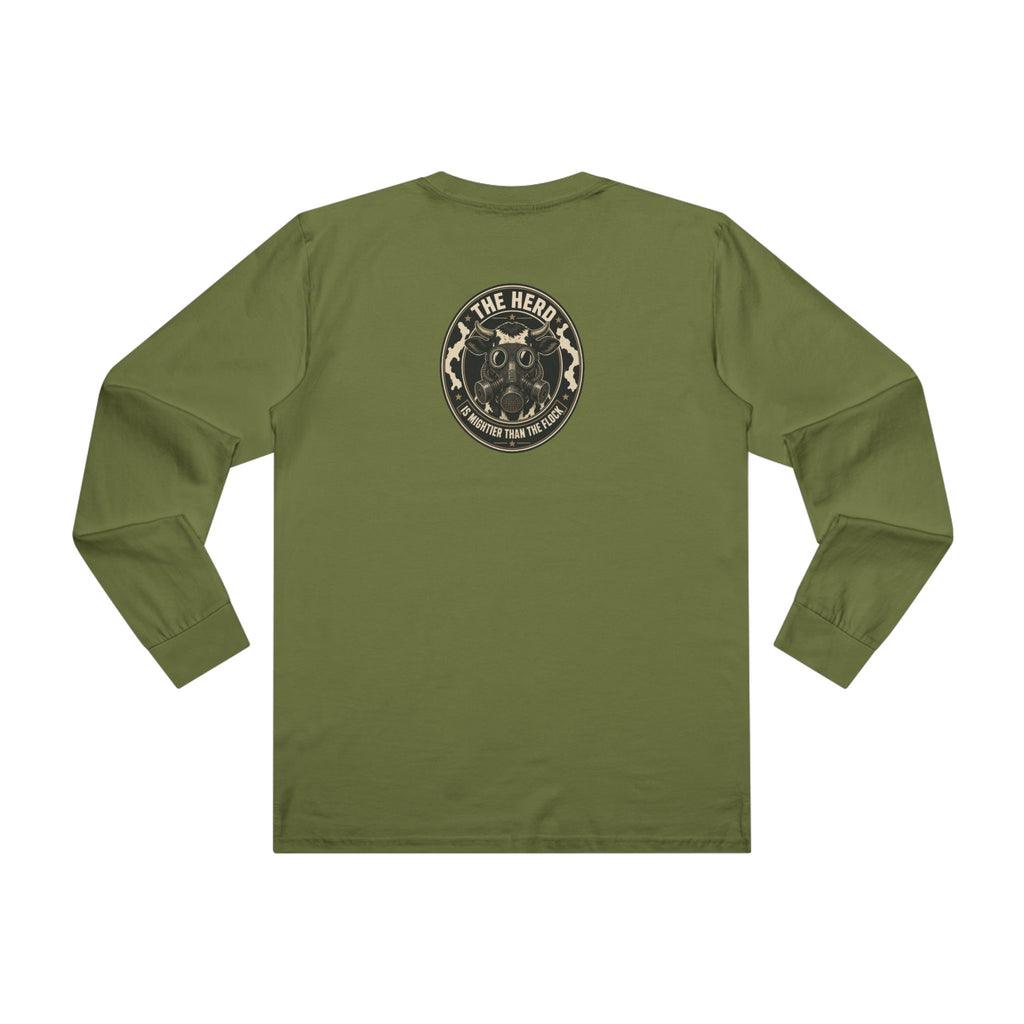 Watch Back Long Sleeve Tee in army green, back: The Herd Is Mightier Than the Flock gas-mask cow badge