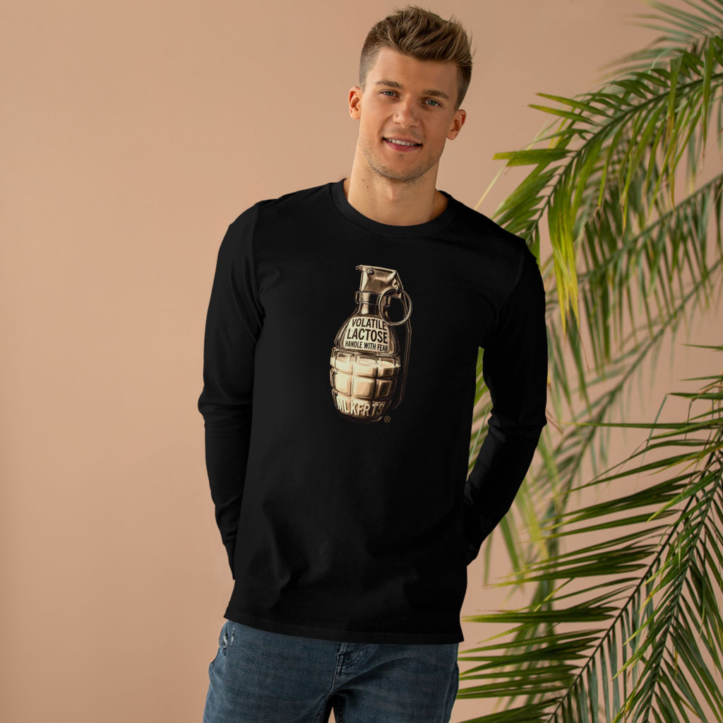 MLKFRTS Volatile Lactose Long Sleeve Tee in black, model wearing it, front view showing the Volatile Lactose grenade graphic