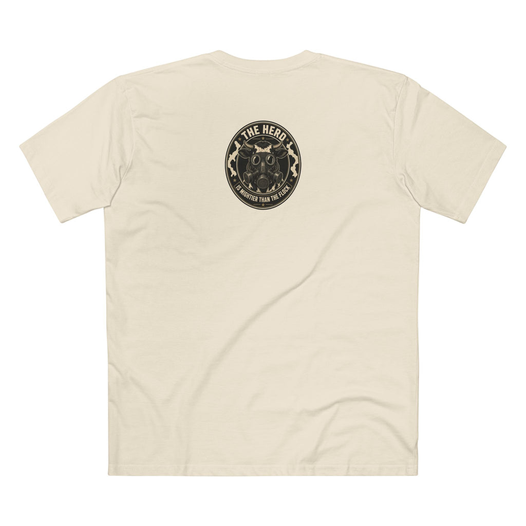 The Hills Have Cams Tee in natural, back: The Herd Is Mightier Than the Flock gas-mask cow badge