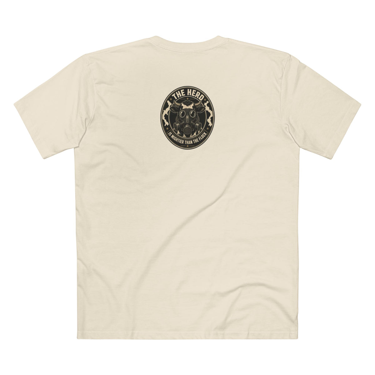The Hills Have Cams Tee in natural, back: The Herd Is Mightier Than the Flock gas-mask cow badge