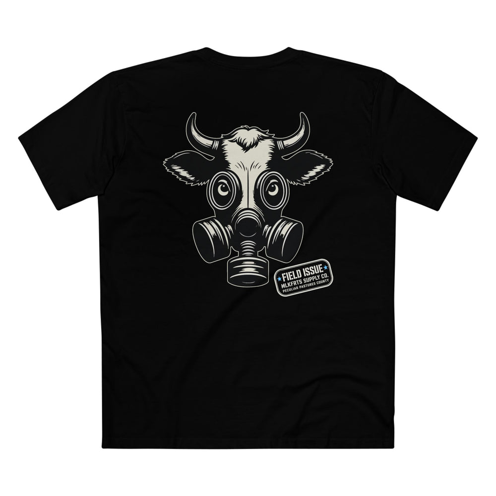 MLKFRTS Field Issue gas mask cow tee in Black, back view with the full cow head and Field Issue stamp