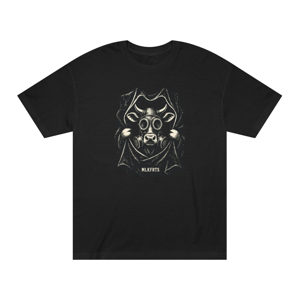 Black t-shirt with a woodcut-style Holstein cow wearing a gas mask, front view