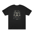 Black t-shirt with a woodcut-style Holstein cow wearing a gas mask, front view