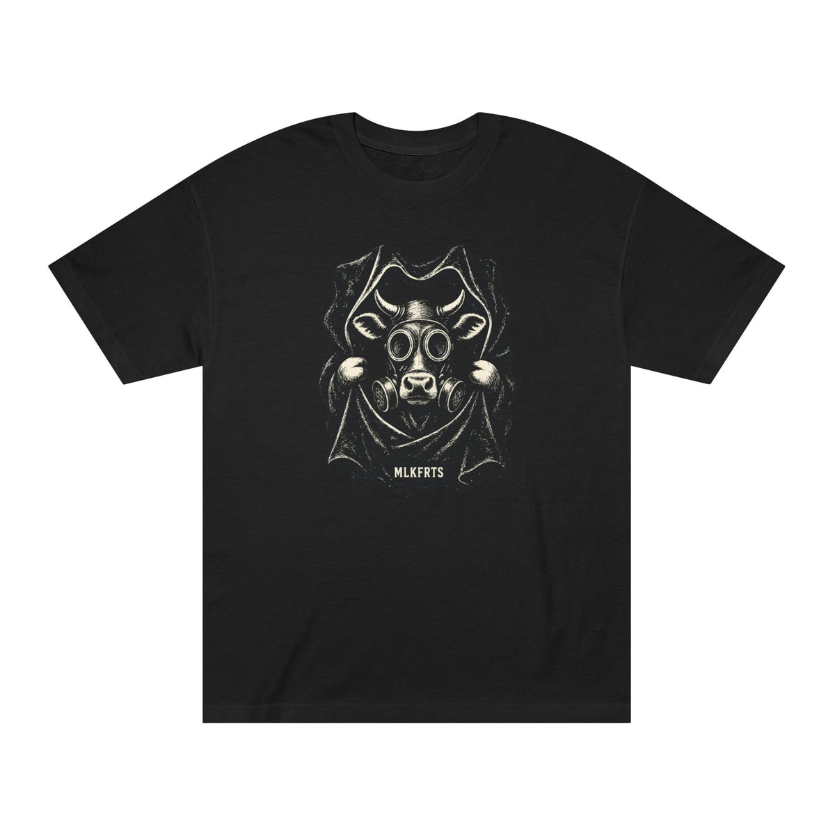 Black t-shirt with a woodcut-style Holstein cow wearing a gas mask, front view