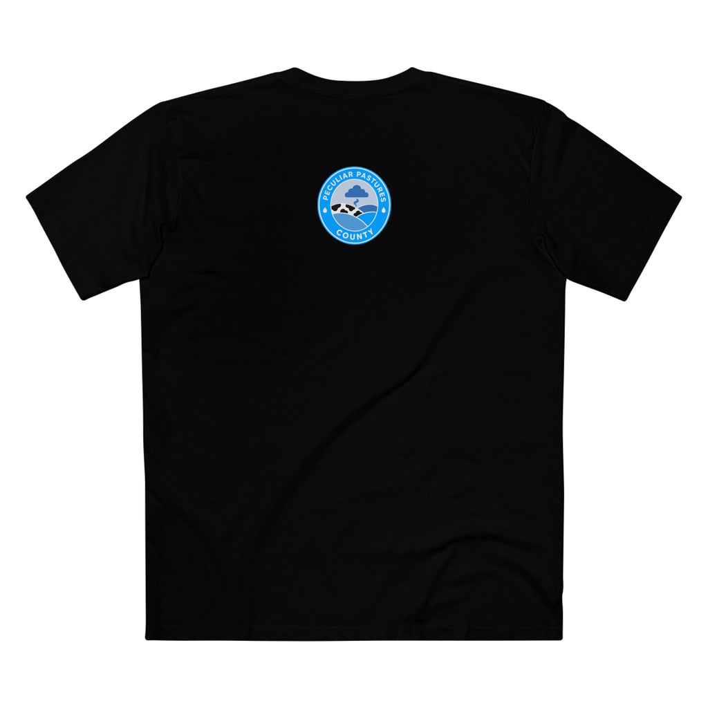MLKFRTS Grade A Fully Compliant tee in Black, back view with the Peculiar Pastures County seal on the upper back