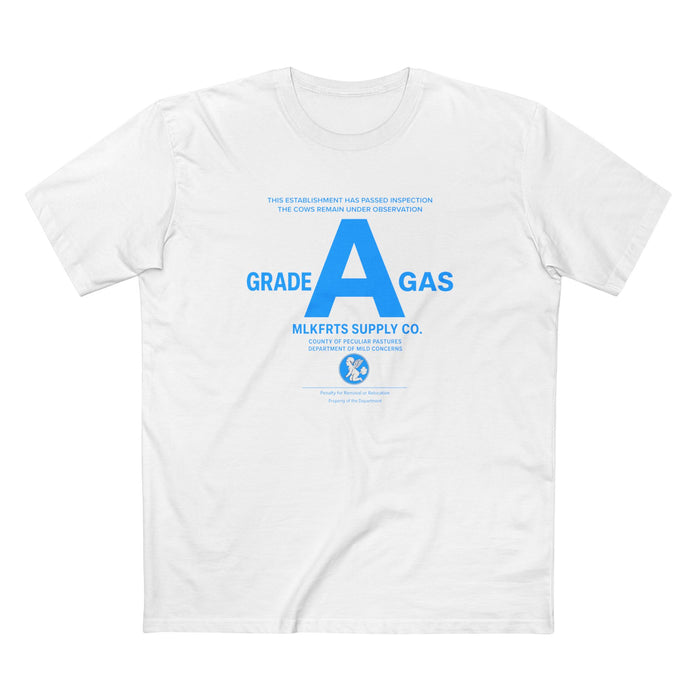 MLKFRTS Grade A Fully Compliant tee in White, front view with the bright 2% blue Grade A compliance notice