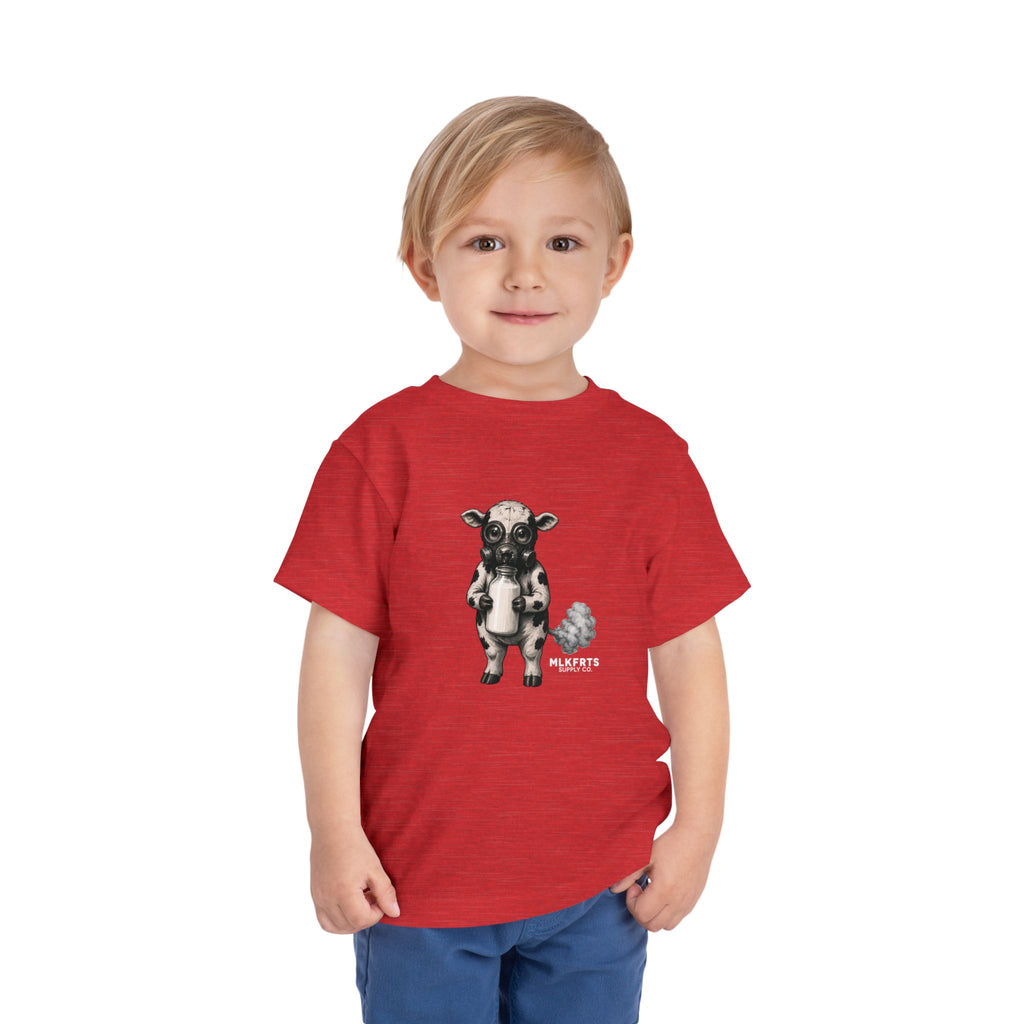 Toddler wearing the Calf of Concern Toddler Tee in Heather Red, front view