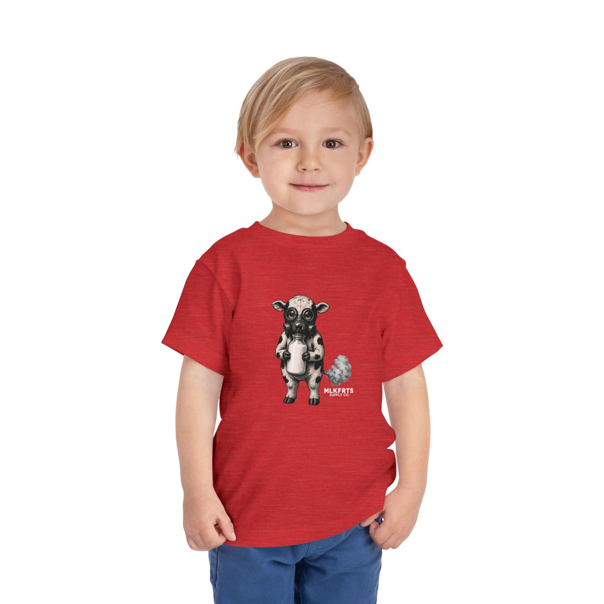 Toddler wearing the Calf of Concern Toddler Tee in Heather Red, front view
