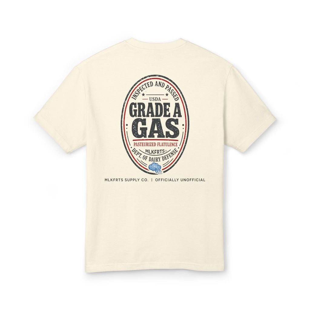 Faded Cream garment-dyed t-shirt, back view with a large oval "Grade A Gas" seal