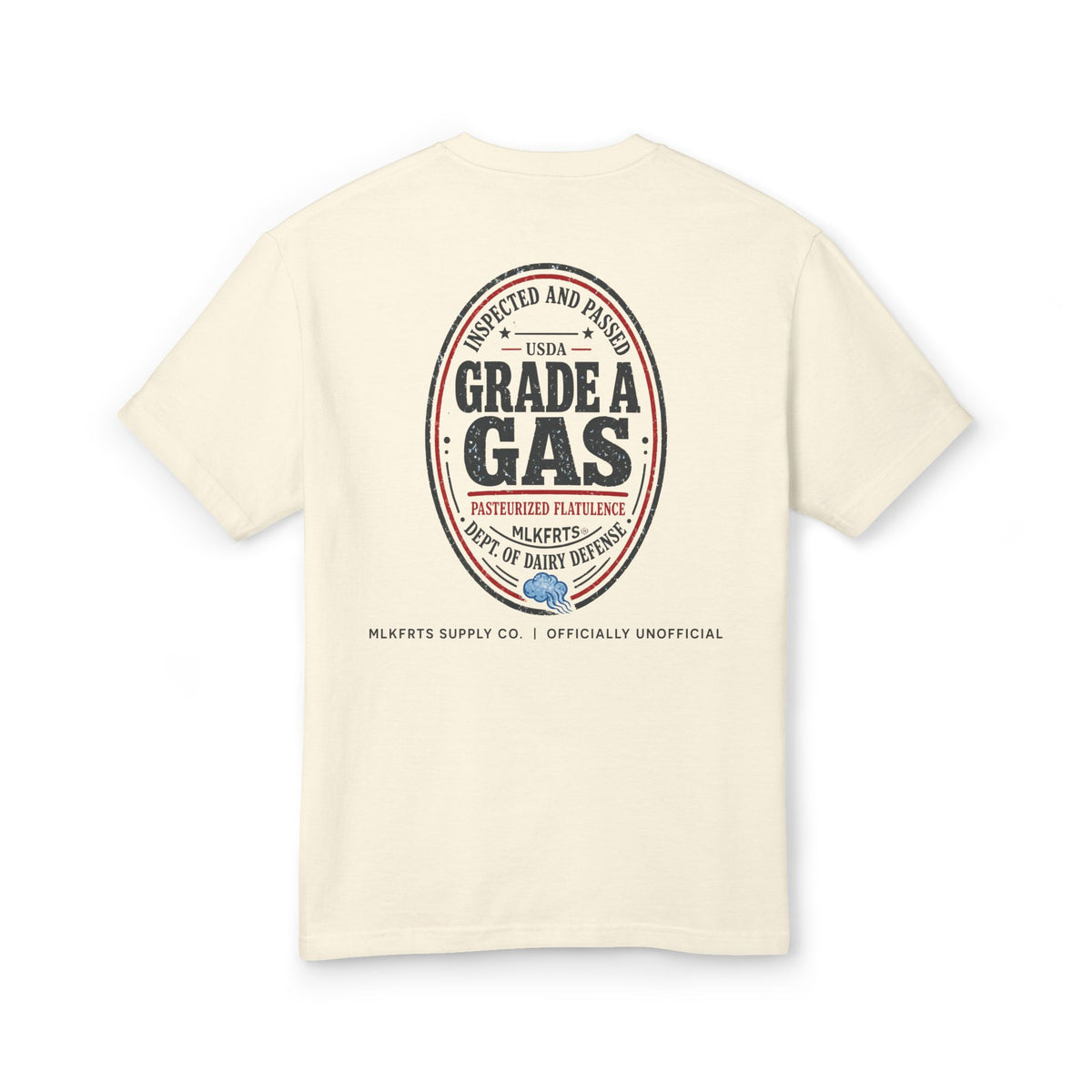 Faded Cream garment-dyed t-shirt, back view with a large oval "Grade A Gas" seal