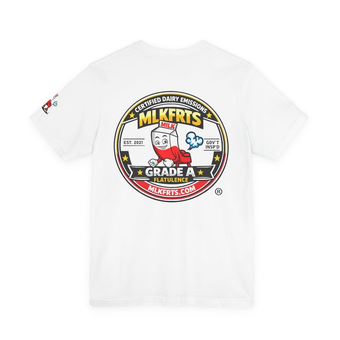 White t-shirt, back view with a large round "Certified Dairy Emissions" seal