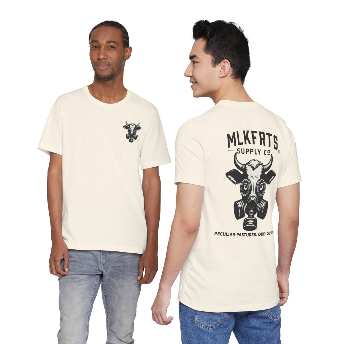 Two models wearing the Natural t-shirt, front and back views