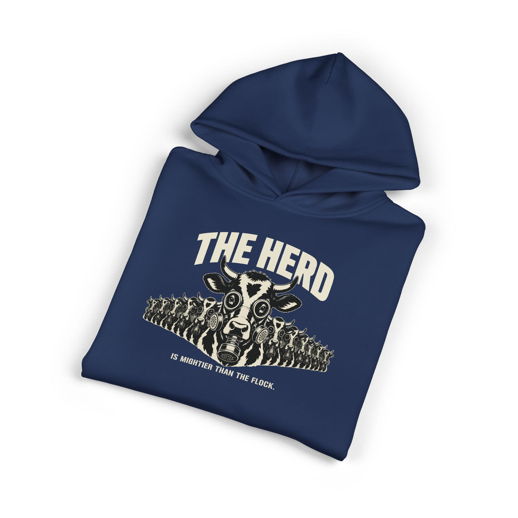 Stampede Hoodie in cobalt, folded, front: masked Holstein stampede under THE HERD