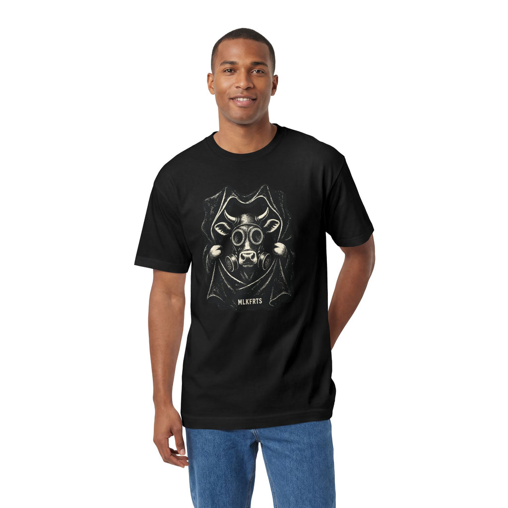 Model wearing the Black t-shirt with a woodcut-style Holstein cow wearing a gas mask, front view
