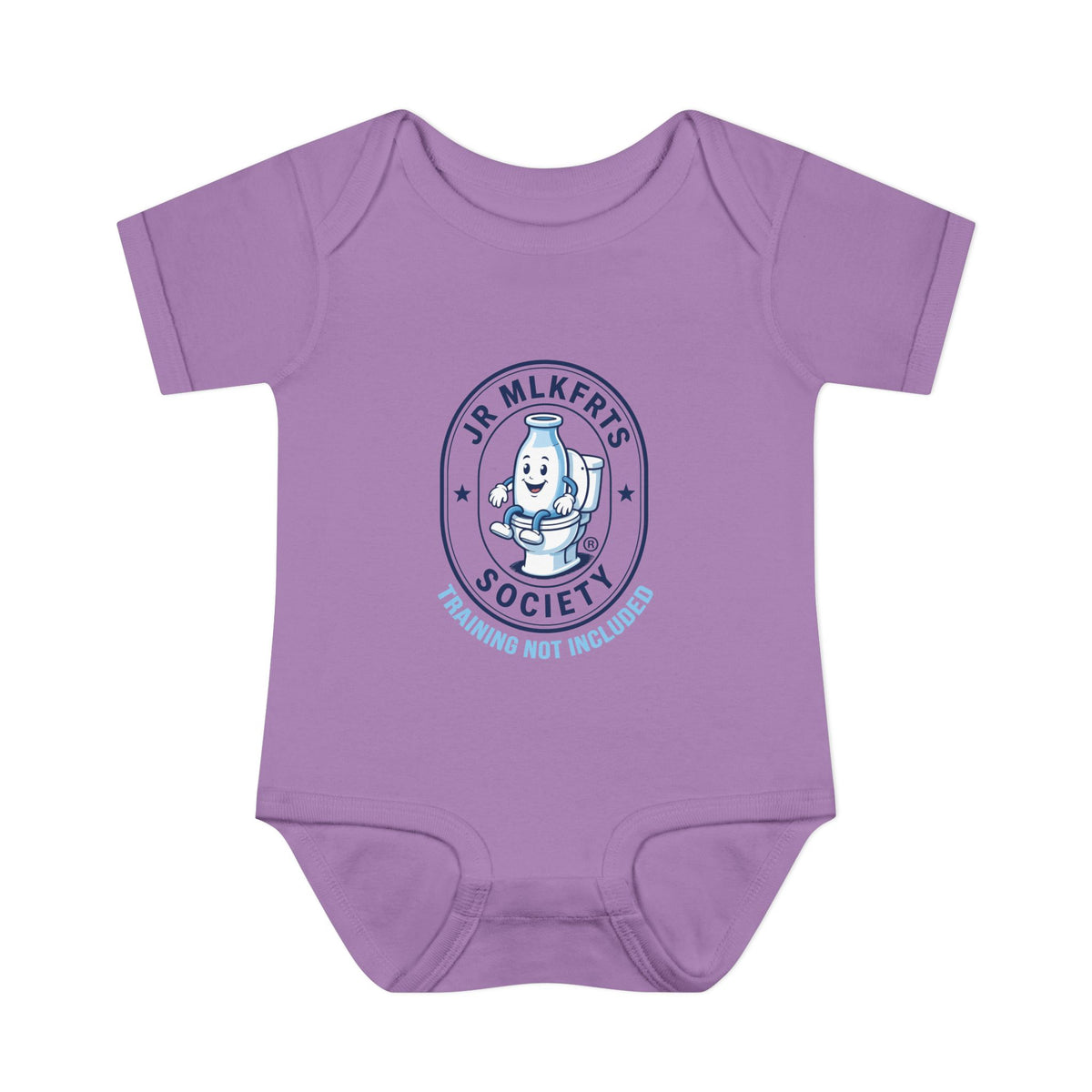 Lavender baby bodysuit with a round Jr. MLKFRTS Society badge print with a cartoon milk bottle, front view