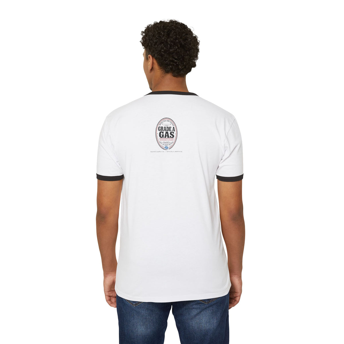 Model wearing the White/Black ringer tee, back view with a small oval seal on the upper back