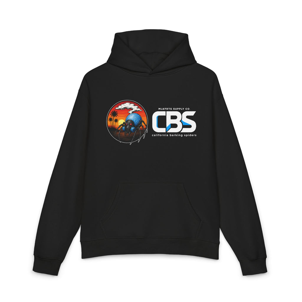 California Barking Spiders Hoodie in black, front: CBS lockup with a gas-masked blue spider in a sunset-and-palms circle, MLKFRTS SUPPLY CO. and california barking spiders