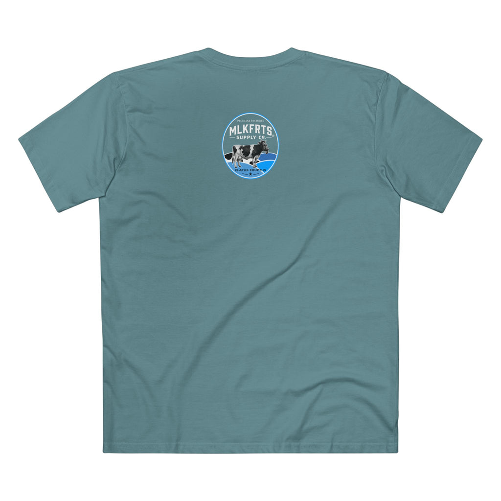 MLKFRTS Milk Hurts Mace Tee in slate blue, back view showing the Flatus Eruptus seal on the upper back