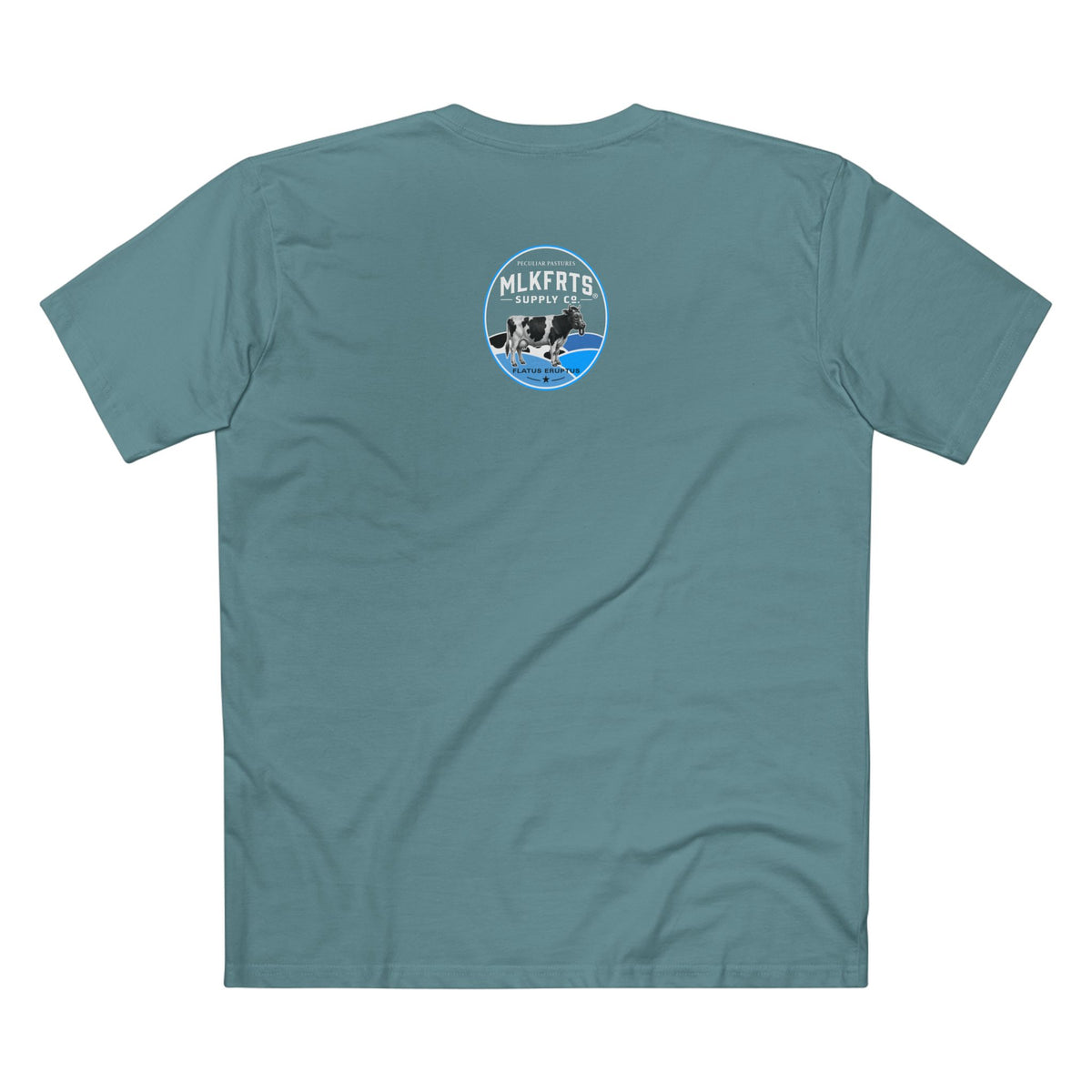 MLKFRTS Milk Hurts Mace Tee in slate blue, back view showing the Flatus Eruptus seal on the upper back