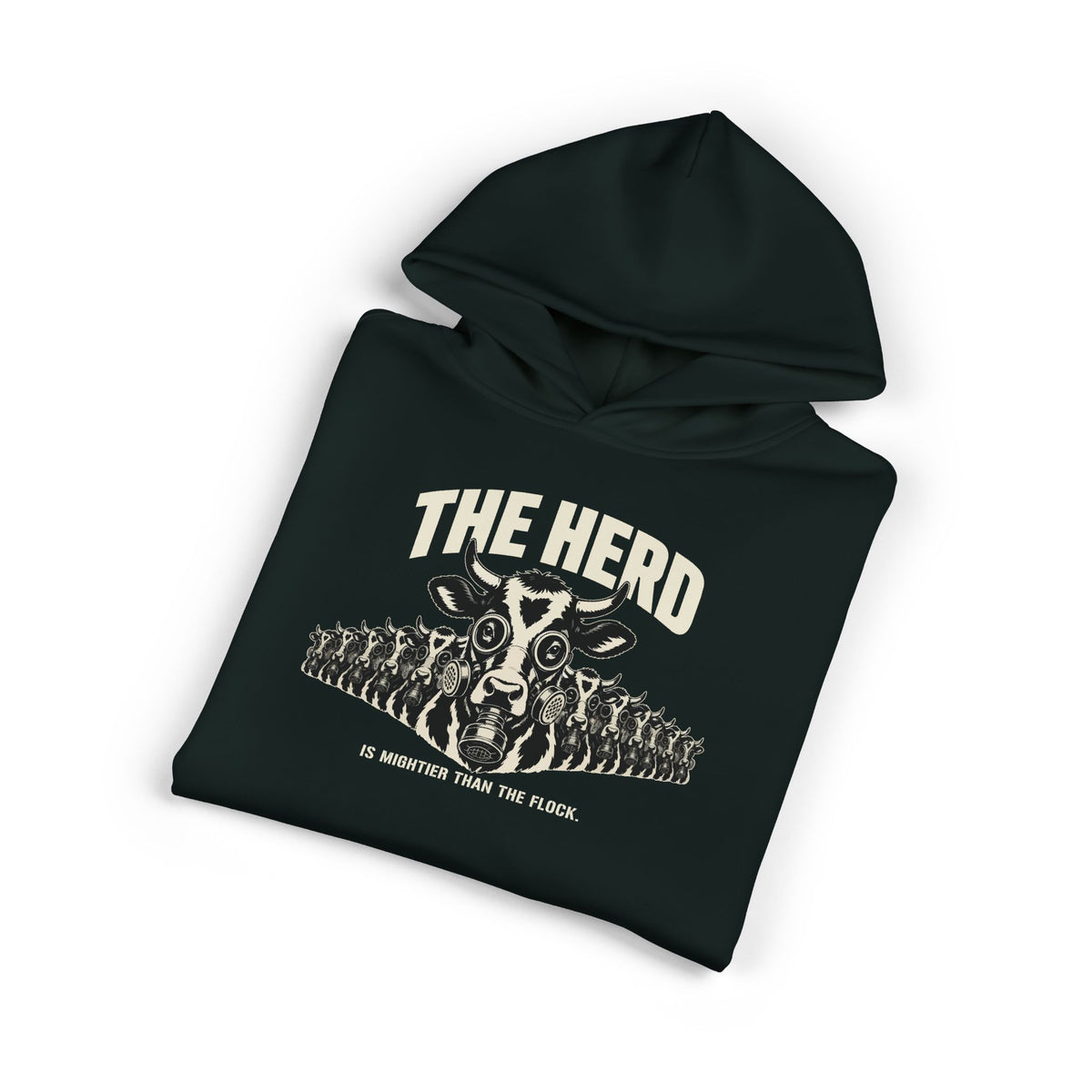 Stampede Hoodie in pine green, folded, front: masked Holstein stampede under THE HERD