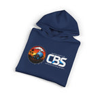 California Barking Spiders Hoodie in cobalt, folded, front: CBS lockup with the gas-masked spider