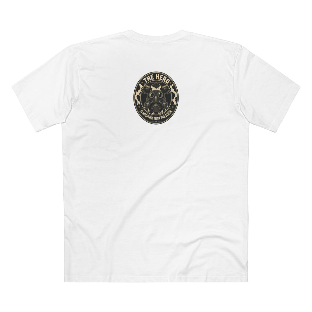 The Hills Have Cams Tee in white, back: The Herd Is Mightier Than the Flock gas-mask cow badge