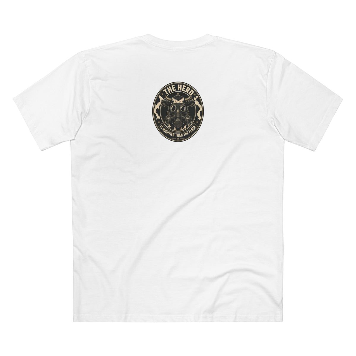 The Hills Have Cams Tee in white, back: The Herd Is Mightier Than the Flock gas-mask cow badge