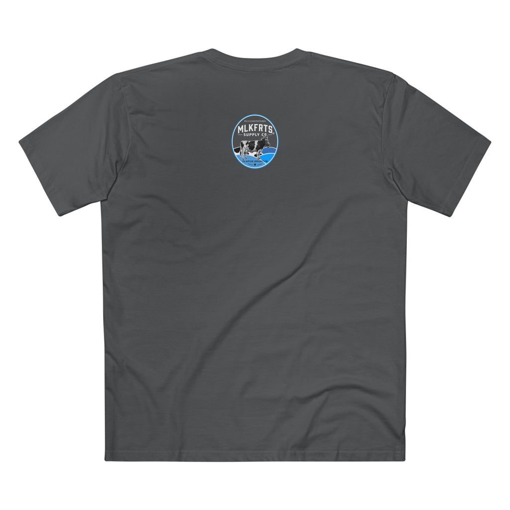 Back of the Charcoal MLKFRTS Lil' Stinker Tee with the Flatus Eruptus gas-mask cow seal on the upper back