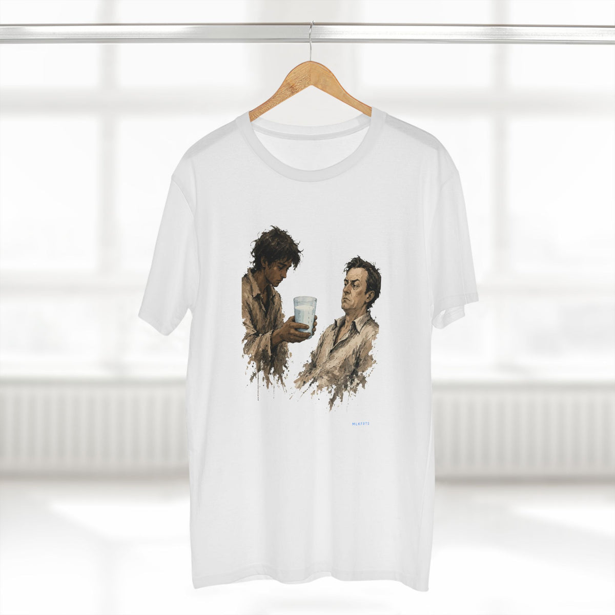 The Refusal Tee in White on a hanger, close-up of the painterly front art