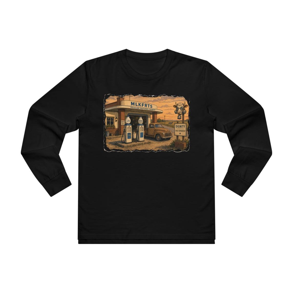 Peculiar Gas Station Long Sleeve Tee in Black, front with the vintage milk-pump gas station scene