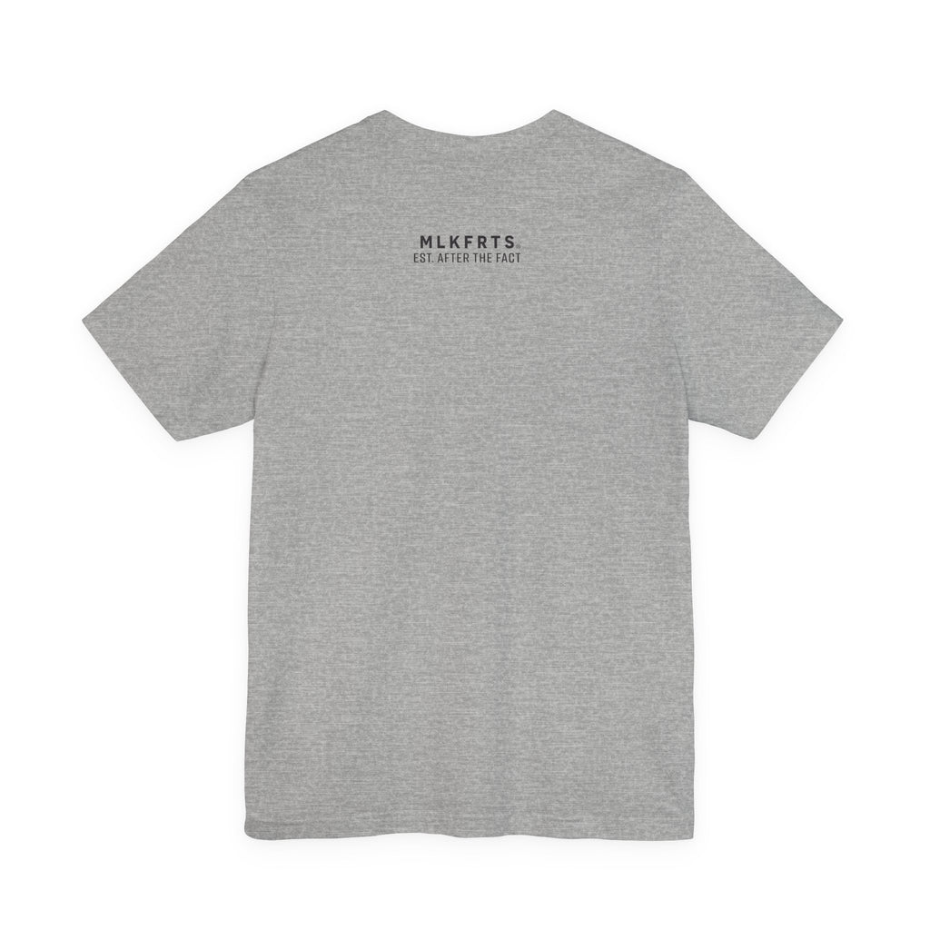 Athletic Heather t-shirt, back view with small MLKFRTS letterhead text