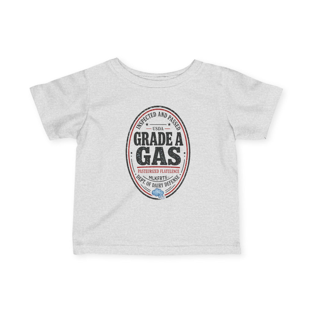 Heather infant tee with an oval "Grade A Gas" seal print, front view