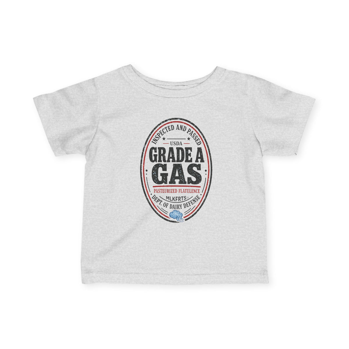 Heather infant tee with an oval "Grade A Gas" seal print, front view