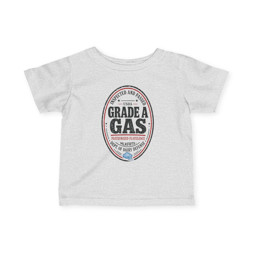 Heather infant tee with an oval "Grade A Gas" seal print, front view