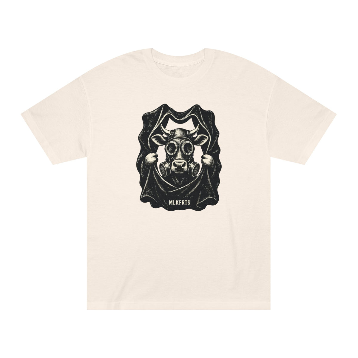 Cream t-shirt with a woodcut-style Holstein cow wearing a gas mask, front view