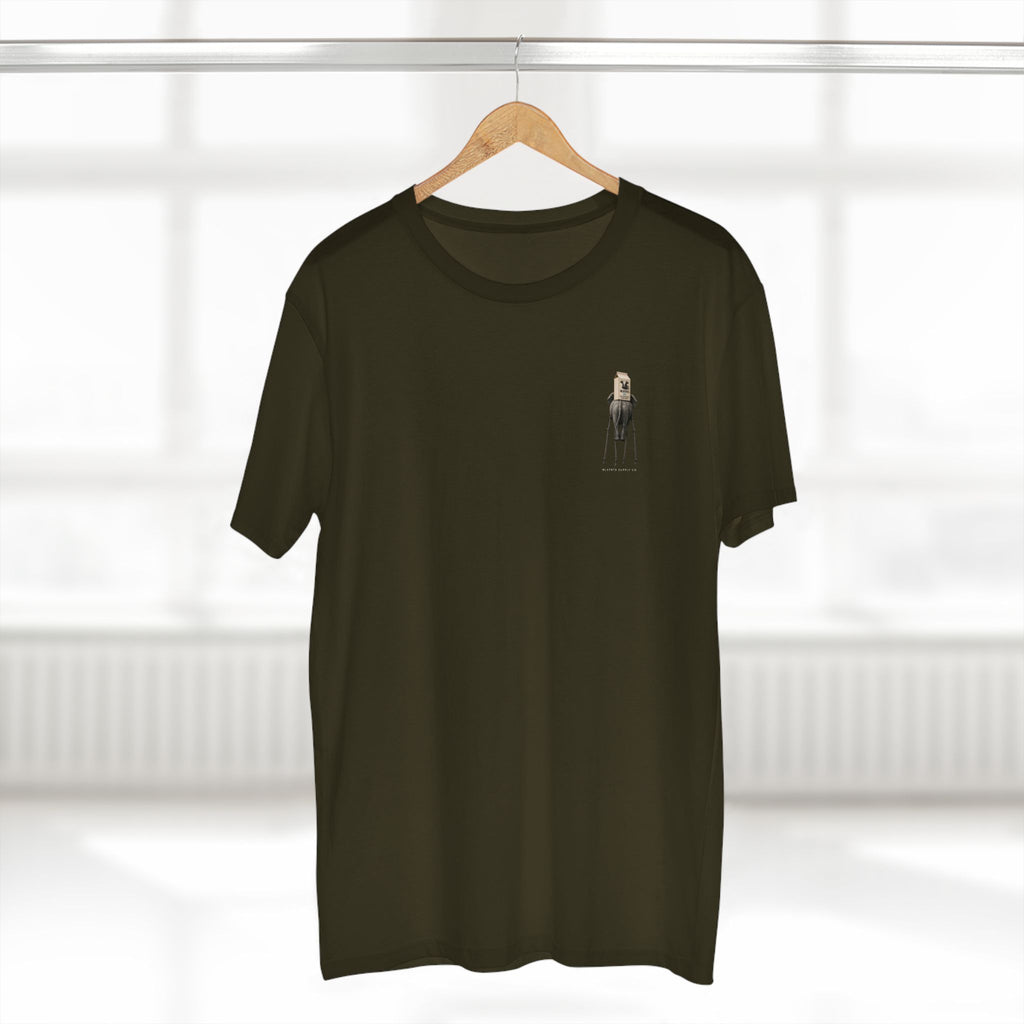 Stay Upwind Tee in army on a hanger, front: small left-chest elephant