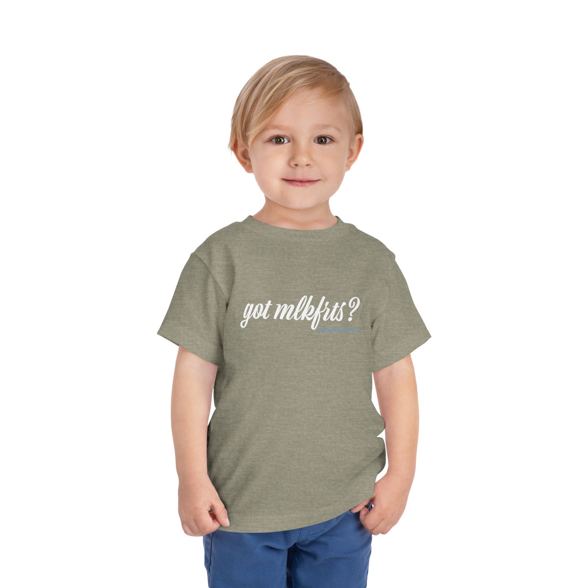 Toddler wearing the got mlkfrts? Toddler Tee in Heather Stone, got mlkfrts? script on the front