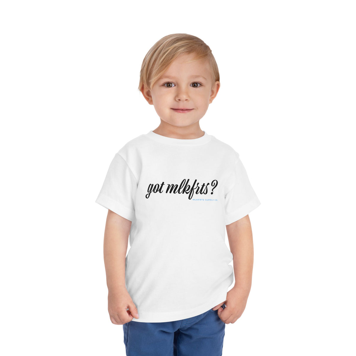 Toddler wearing the got mlkfrts? Toddler Tee in White, got mlkfrts? script on the front