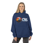 Woman wearing the California Barking Spiders Hoodie in cobalt, front: CBS lockup with the gas-masked spider