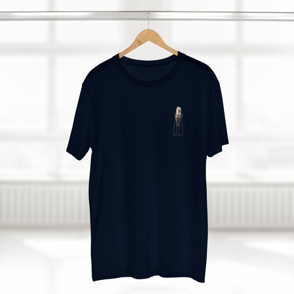 Stay Upwind Tee in navy on a hanger, front: small left-chest elephant