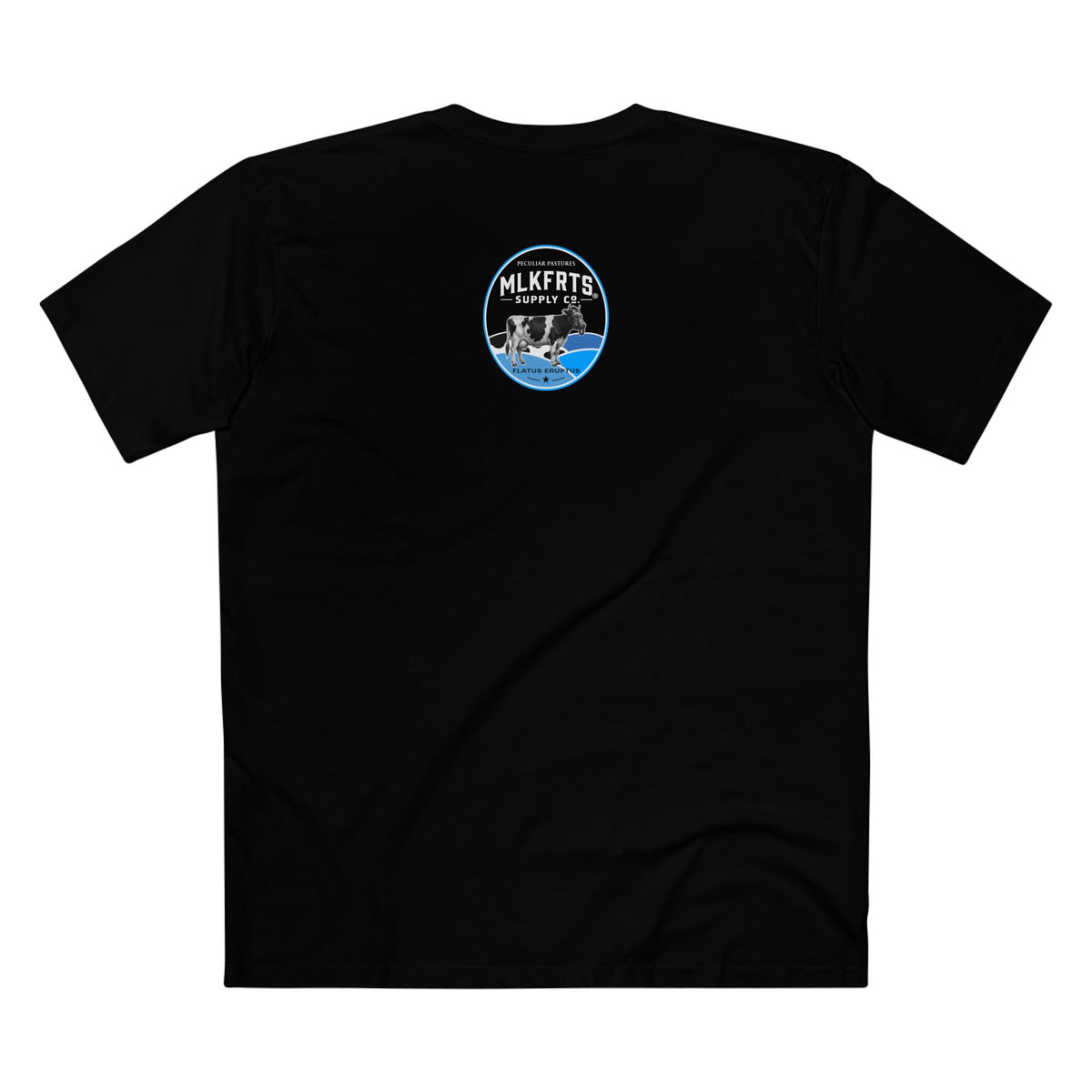 got mlkfrts? Flatus Eruptus Tee in Black, back with the Flatus Eruptus gas-mask cow seal on the upper back