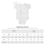 Rabbit Skins 4424 infant bodysuit size chart, NB (0-3M) to 24M: width, length and sleeve length