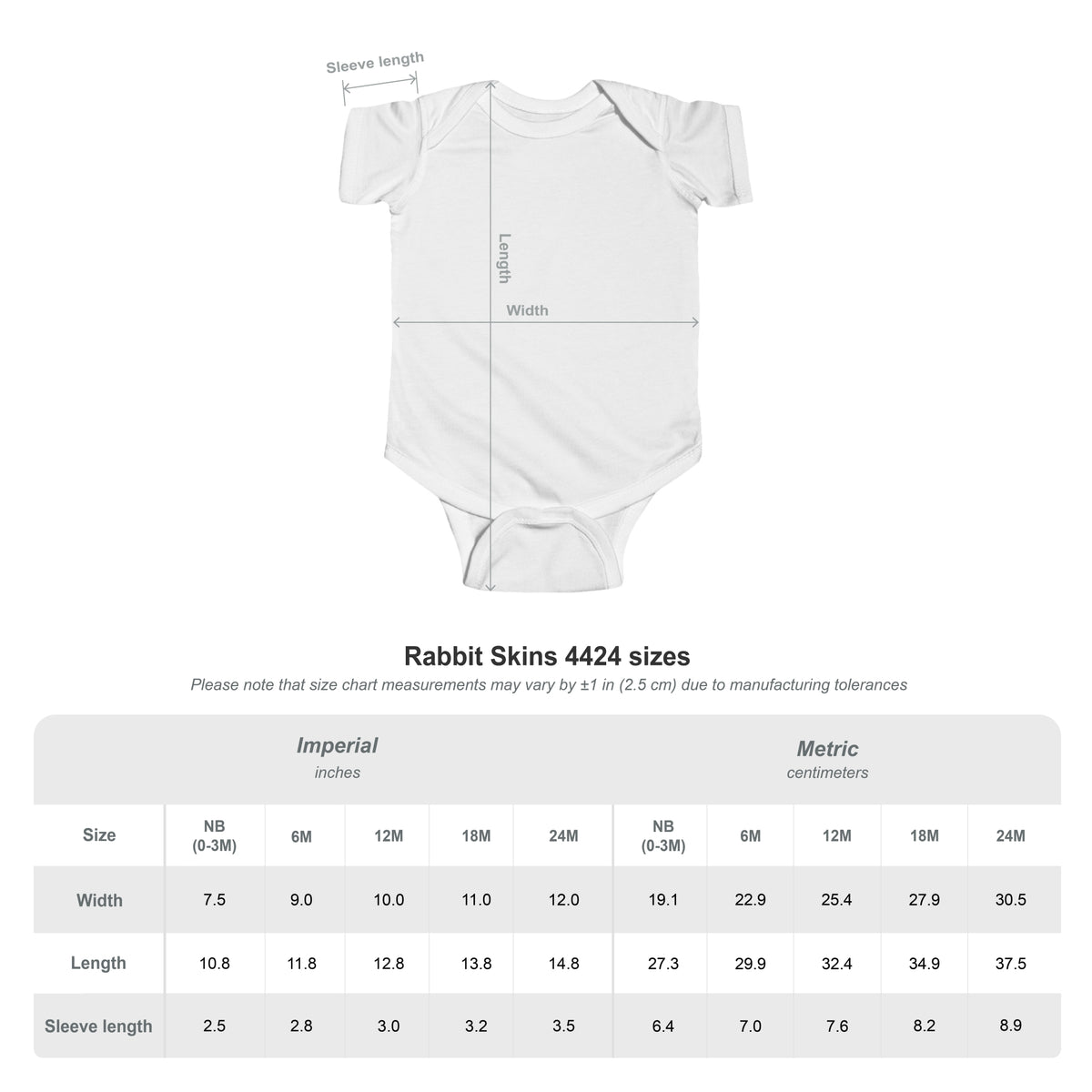Rabbit Skins 4424 infant bodysuit size chart, NB (0-3M) to 24M: width, length and sleeve length
