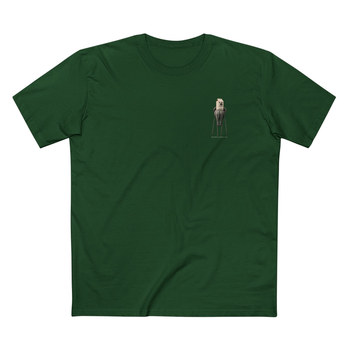 Stay Upwind Tee in forest green, front: small left-chest elephant on stilt legs carrying a milk carton