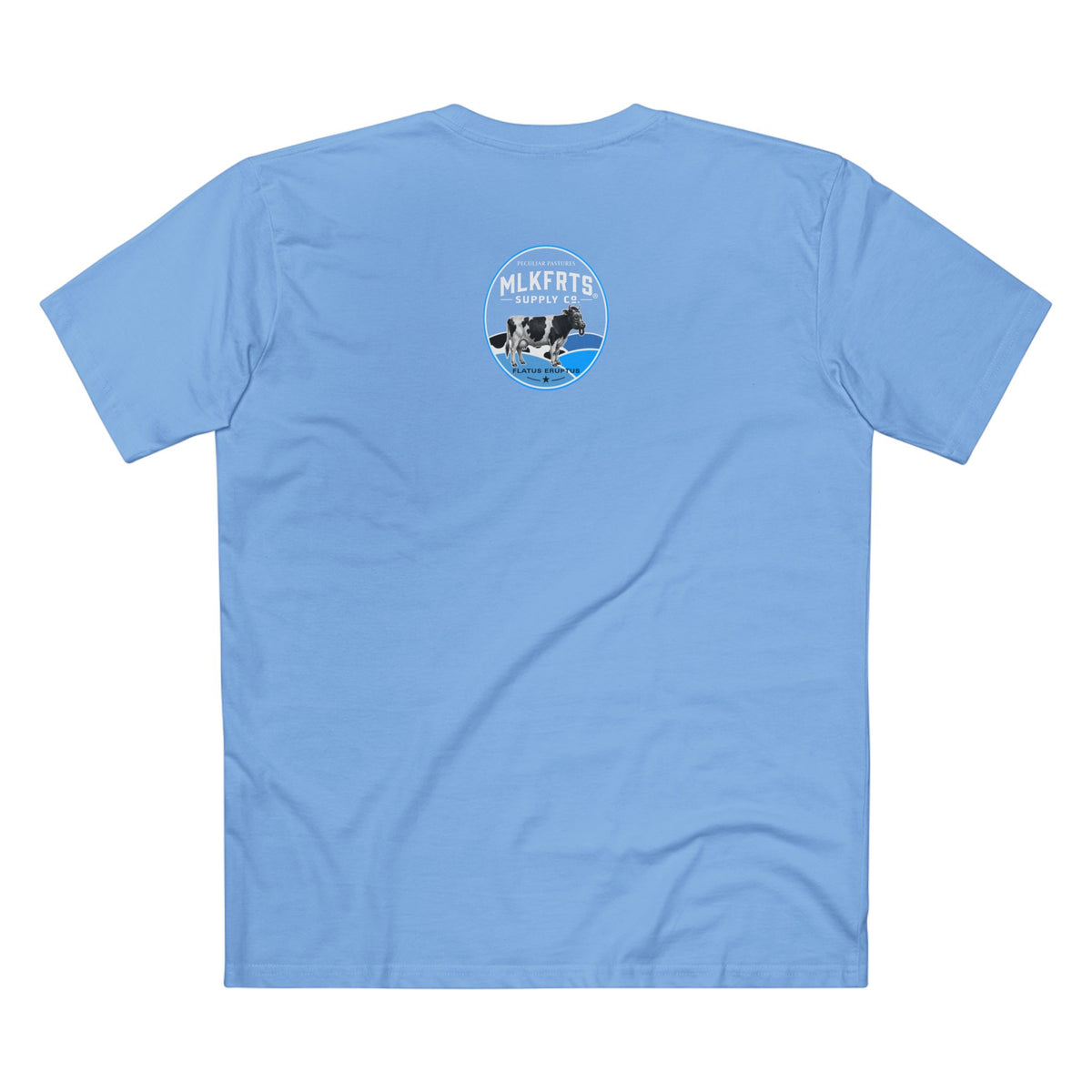 got mlkfrts? Flatus Eruptus Tee in Carolina Blue, back with the Flatus Eruptus gas-mask cow seal on the upper back