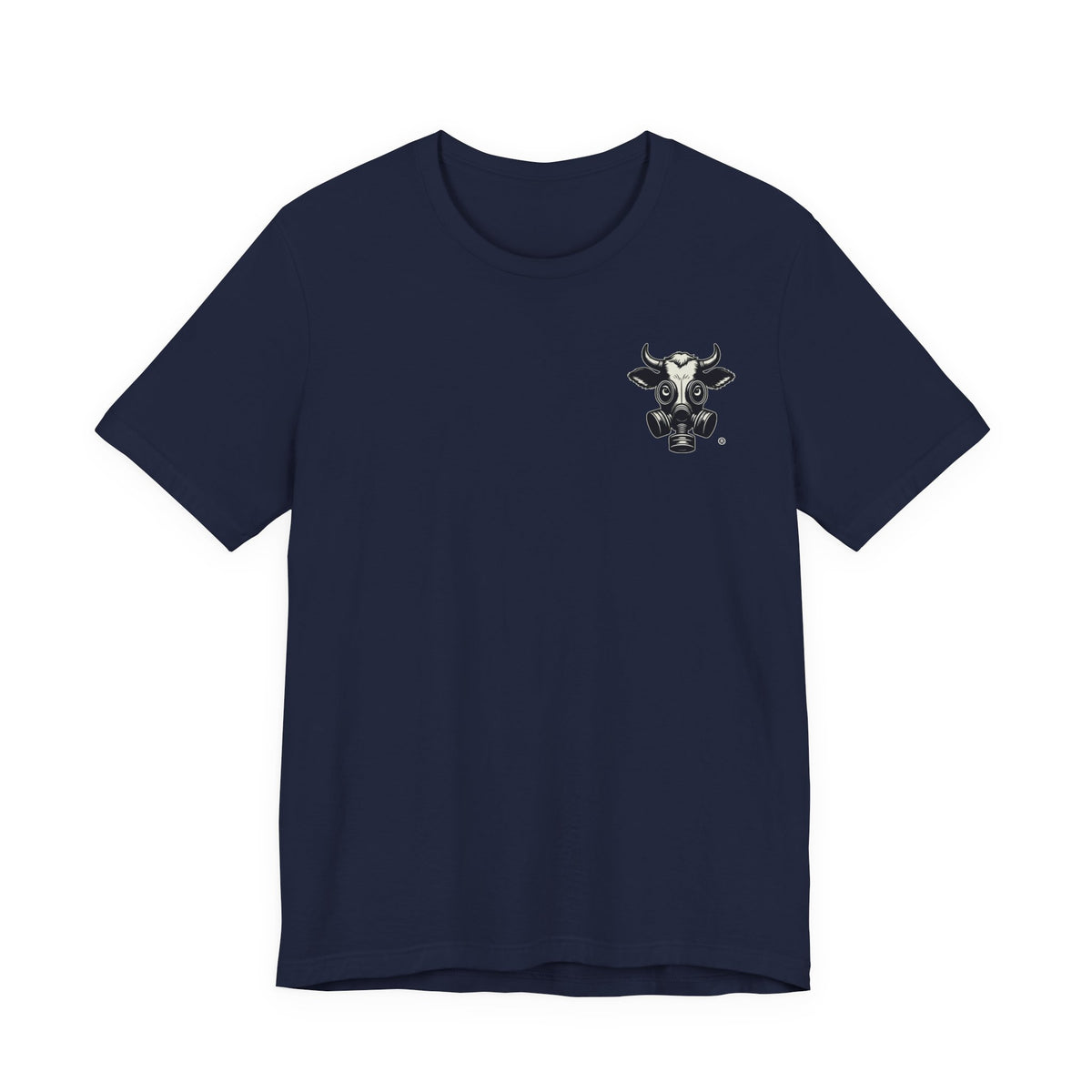 Navy t-shirt with a small gas-mask cow head on the left chest, front view