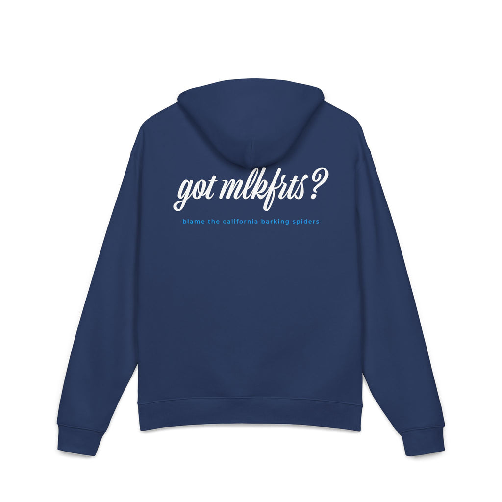 California Barking Spiders Hoodie in cobalt, back: got mlkfrts? in bold script with blame the california barking spiders
