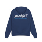 California Barking Spiders Hoodie in cobalt, back: got mlkfrts? in bold script with blame the california barking spiders